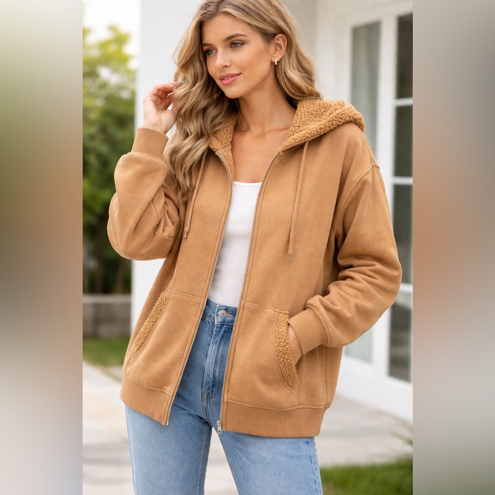 Aerie Camel Sherpa Hood Zip-Up Jacket Cozy‎ Fleece Lined Pockets Large